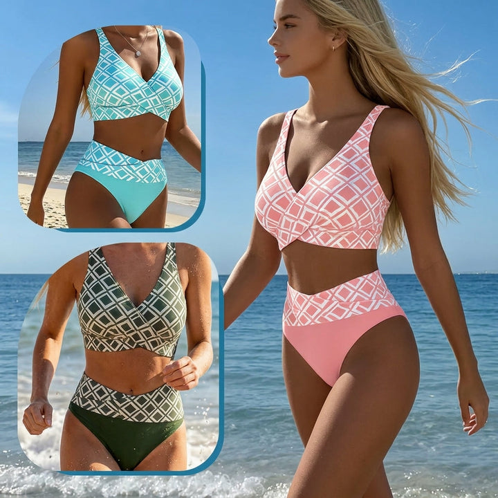 Sevra – décolleté en V croisé, imprimé géométrique, ensemble de bikini
