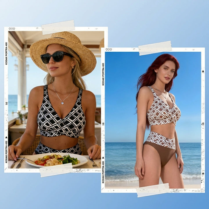 Sevra – décolleté en V croisé, imprimé géométrique, ensemble de bikini