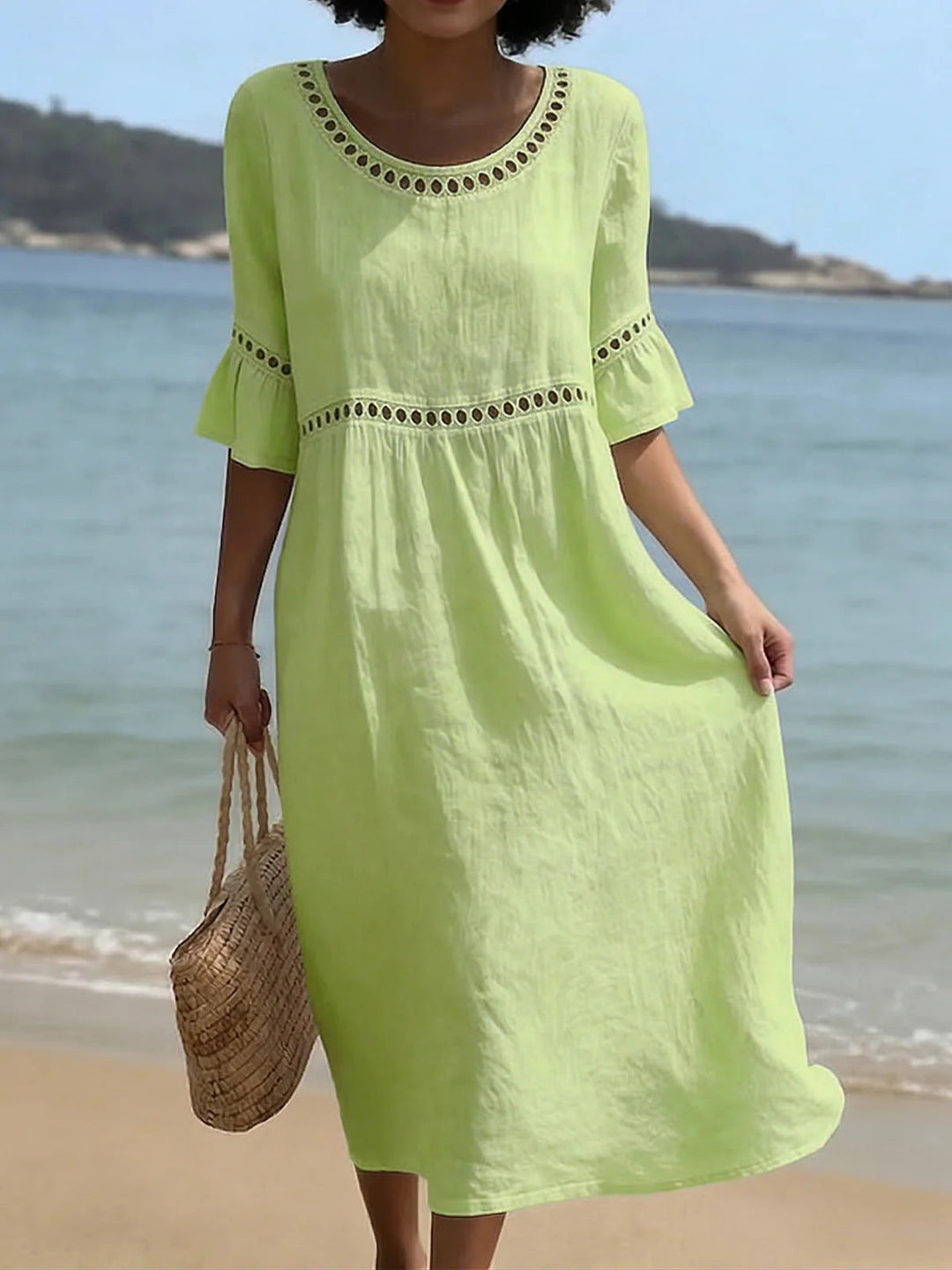 Lunira – robe midi en coton-lin avec détails en dentelle