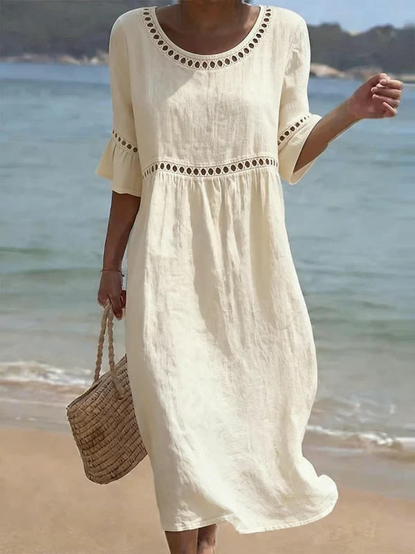 Lunira – robe midi en coton-lin avec détails en dentelle