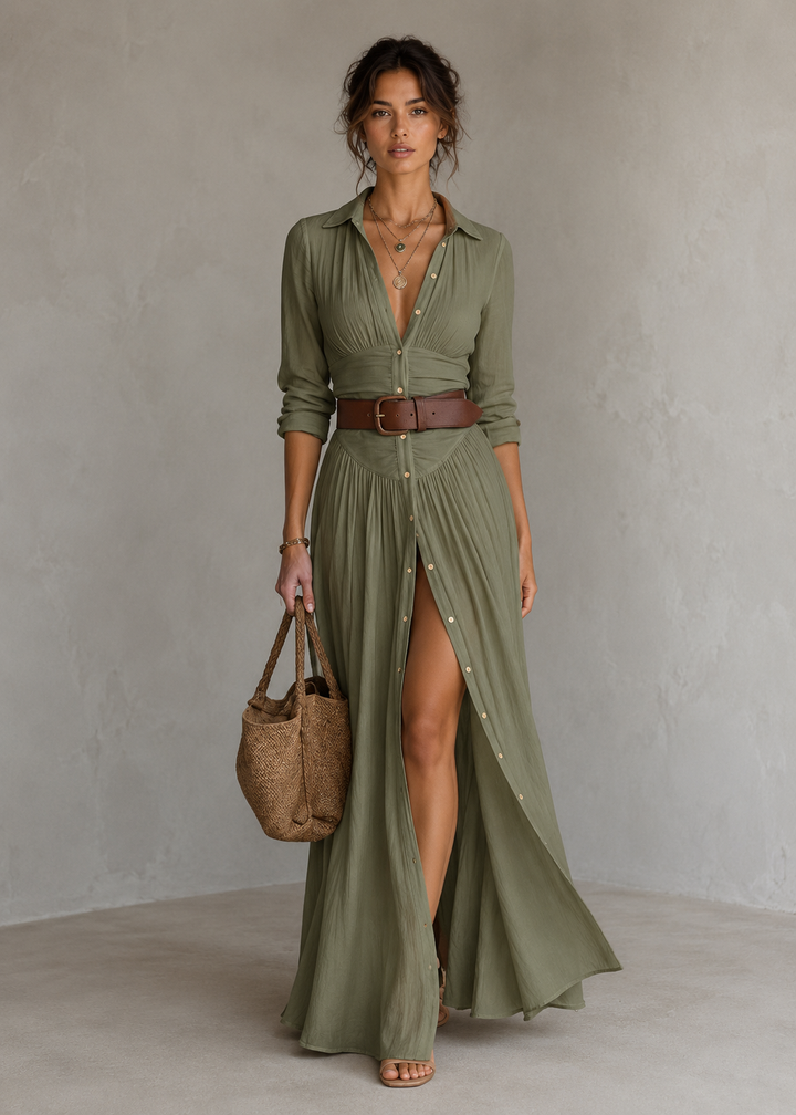 Mevara – Robe longue plissée en coton-lin