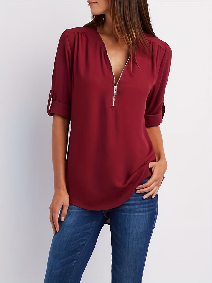 Nivara – Col V zippé en tissu tissé, blouse