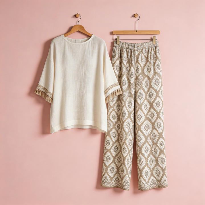 Ilyra – Ensemble en toile de bambou à franges