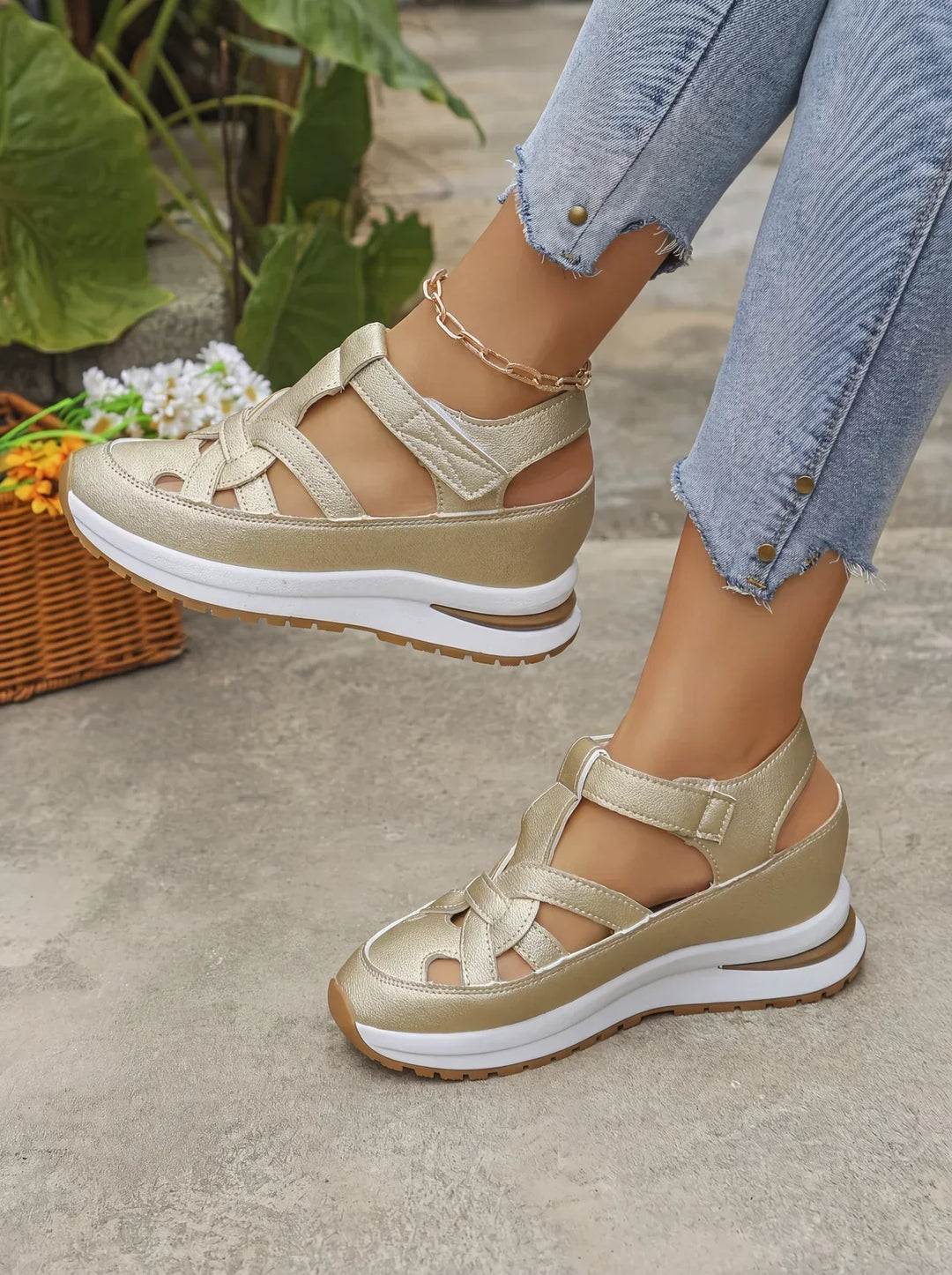 Orlise – fermeture Velcro, semelle en caoutchouc, sandales à talon compensé