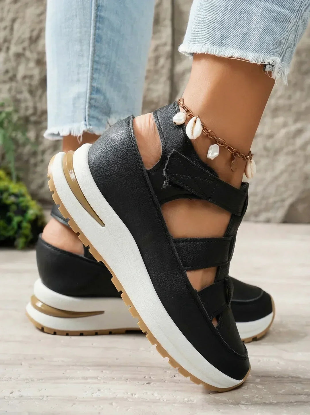 Orlise – fermeture Velcro, semelle en caoutchouc, sandales à talon compensé