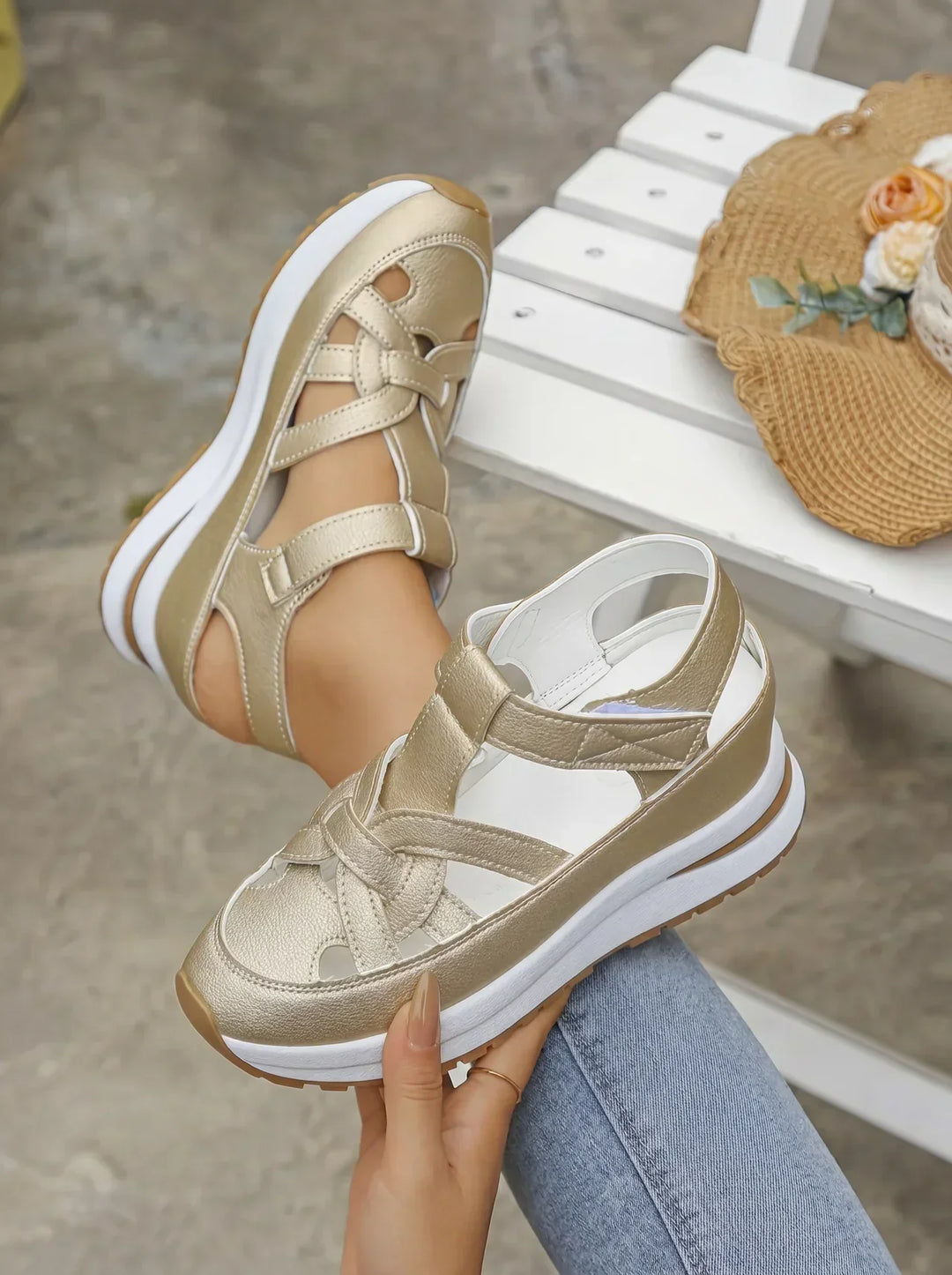 Orlise – fermeture Velcro, semelle en caoutchouc, sandales à talon compensé