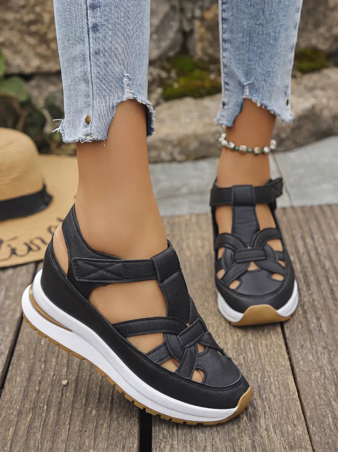 Orlise – fermeture Velcro, semelle en caoutchouc, sandales à talon compensé