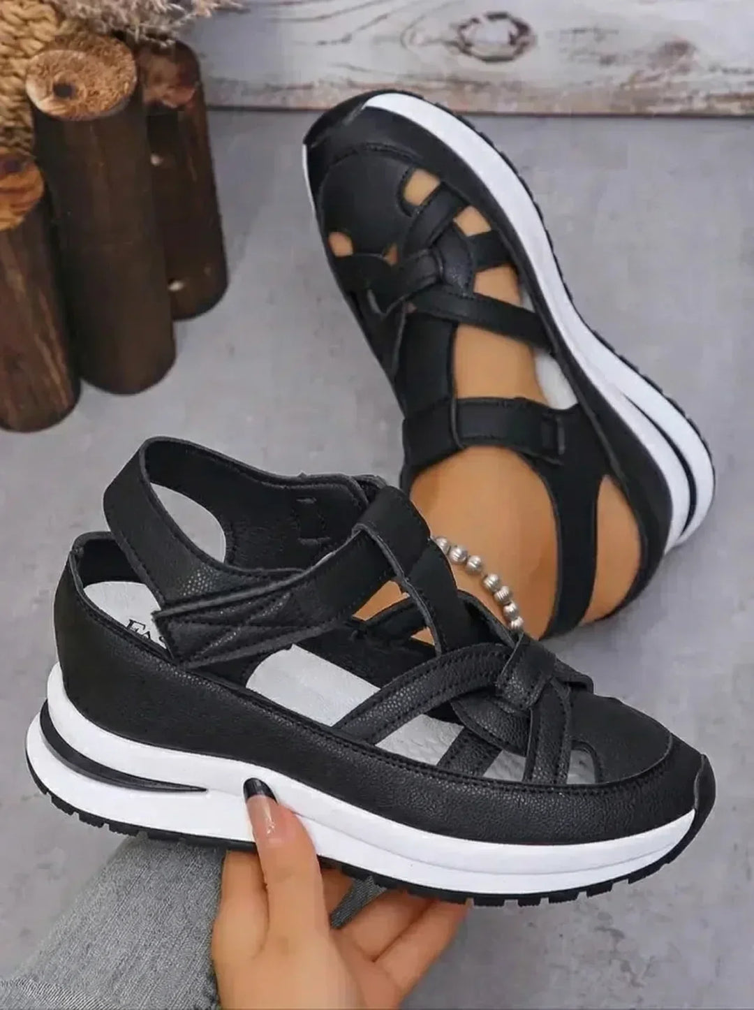 Orlise – fermeture Velcro, semelle en caoutchouc, sandales à talon compensé