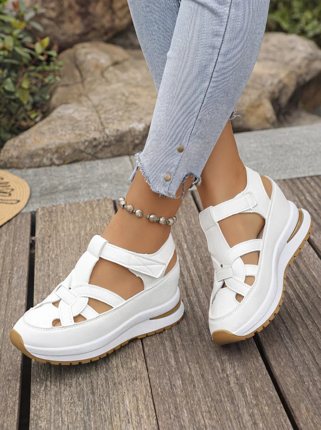 Orlise – fermeture Velcro, semelle en caoutchouc, sandales à talon compensé