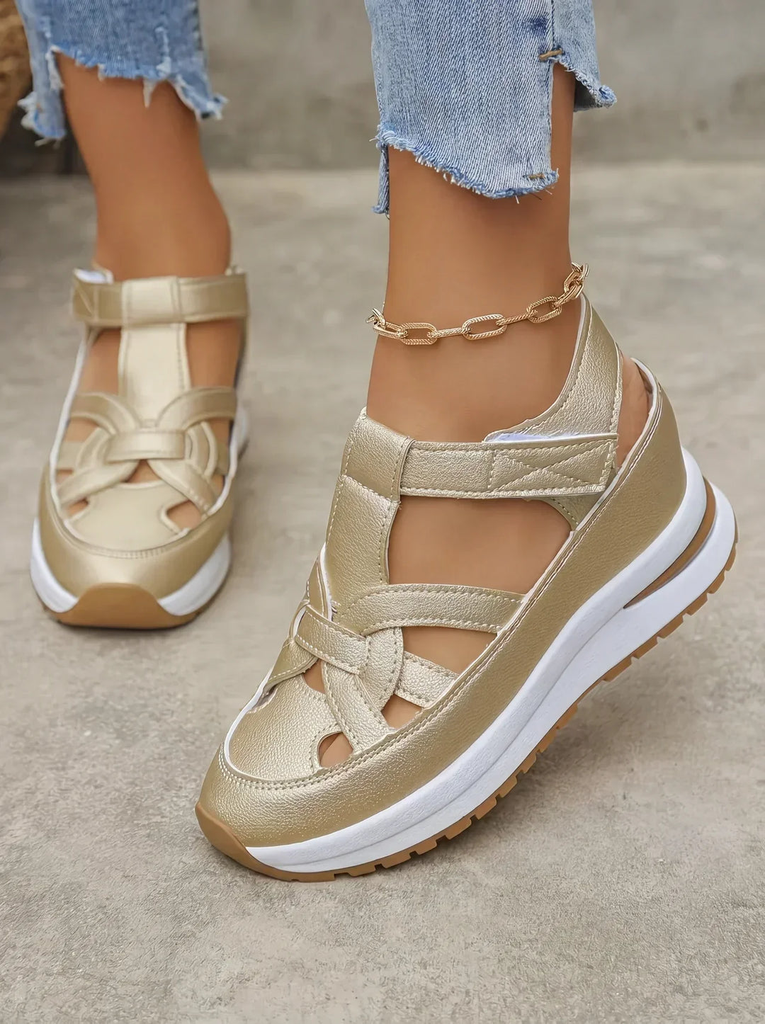 Orlise – fermeture Velcro, semelle en caoutchouc, sandales à talon compensé