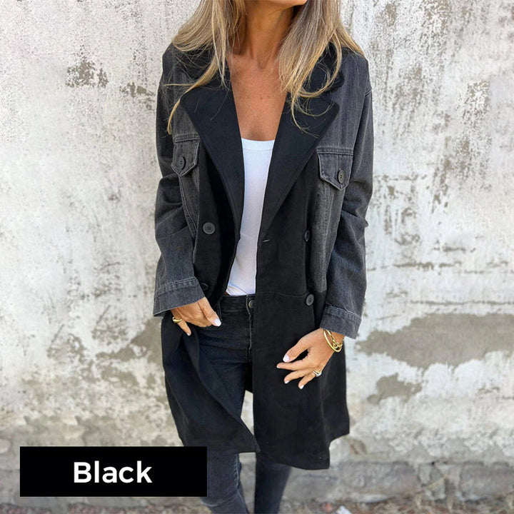 Calyra – Surpiqûres façon jean, tissé extensible, trench-coat
