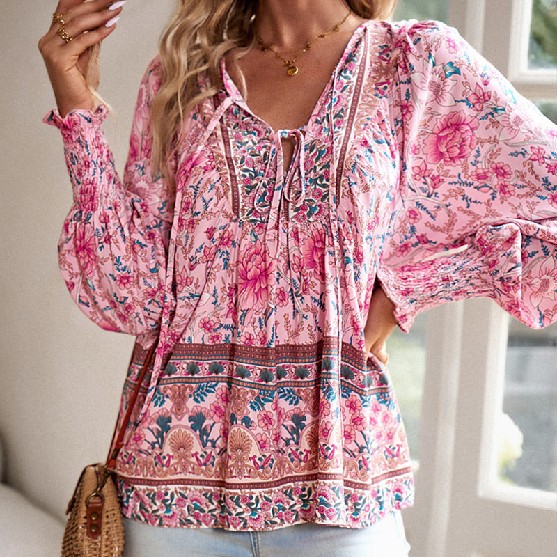 Calira – Chemise en coton à col en V avec lien à nouer