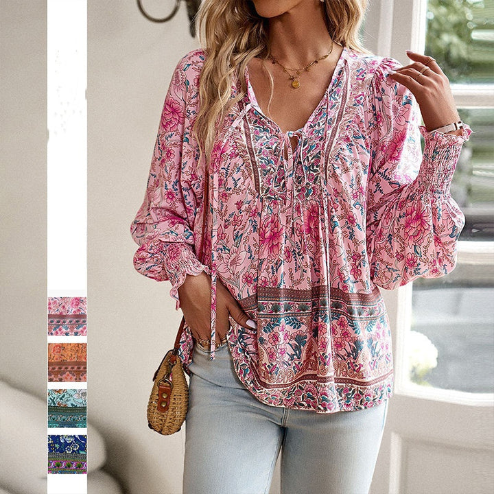 Calira – Chemise en coton à col en V avec lien à nouer