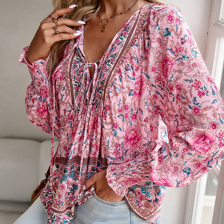 Calira – Chemise en coton à col en V avec lien à nouer