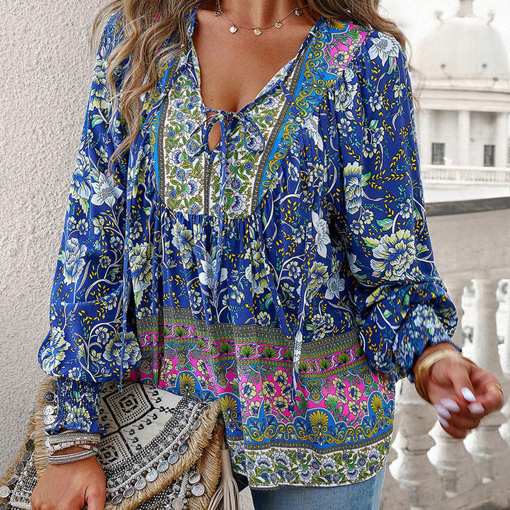 Calira – Chemise en coton à col en V avec lien à nouer