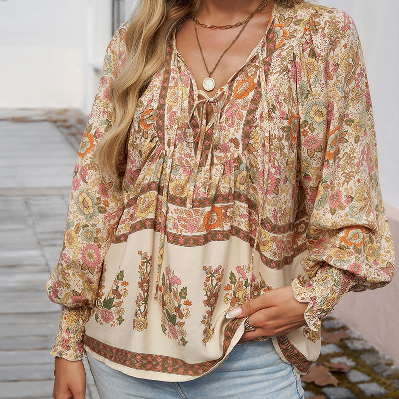 Calira – Chemise en coton à col en V avec lien à nouer