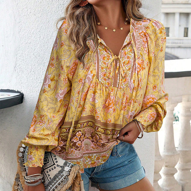Calira – Chemise en coton à col en V avec lien à nouer