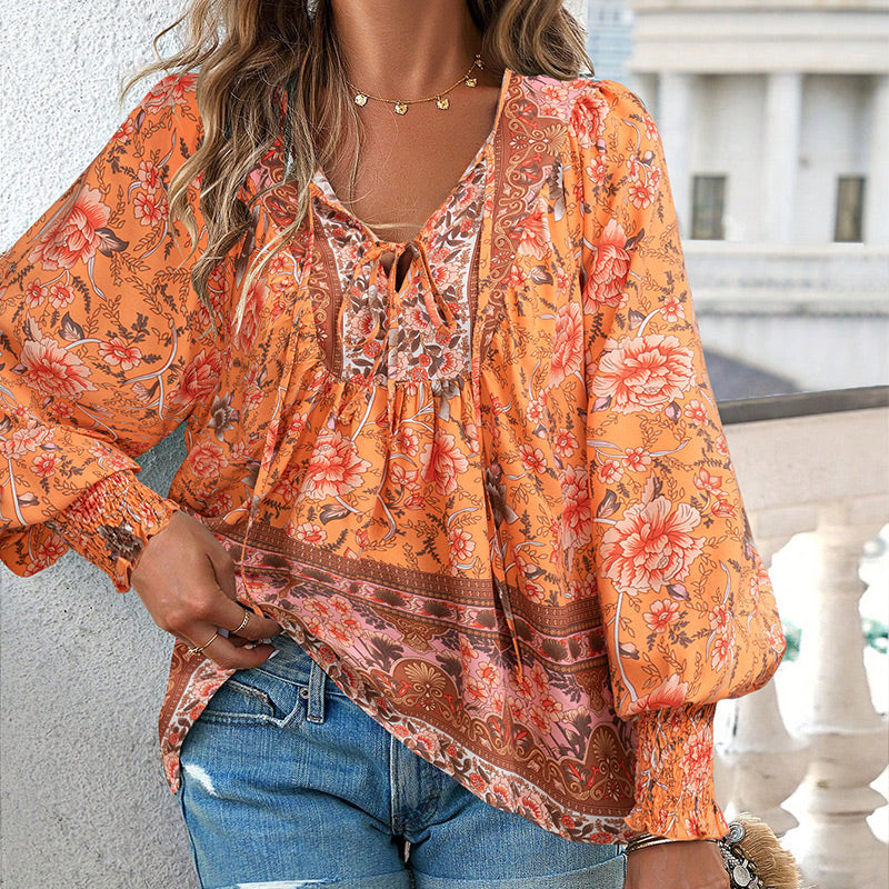 Calira – Chemise en coton à col en V avec lien à nouer