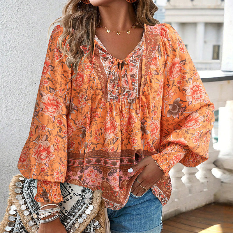 Calira – Chemise en coton à col en V avec lien à nouer