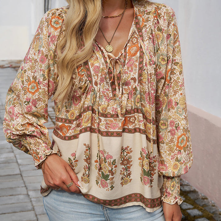 Calira – Chemise en coton à col en V avec lien à nouer