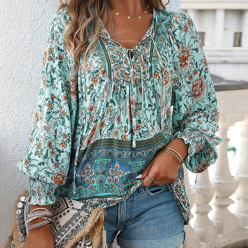 Calira – Chemise en coton à col en V avec lien à nouer