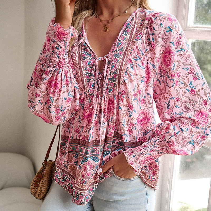 Calira – Chemise en coton à col en V avec lien à nouer