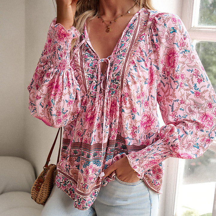 Calira – Chemise en coton à col en V avec lien à nouer