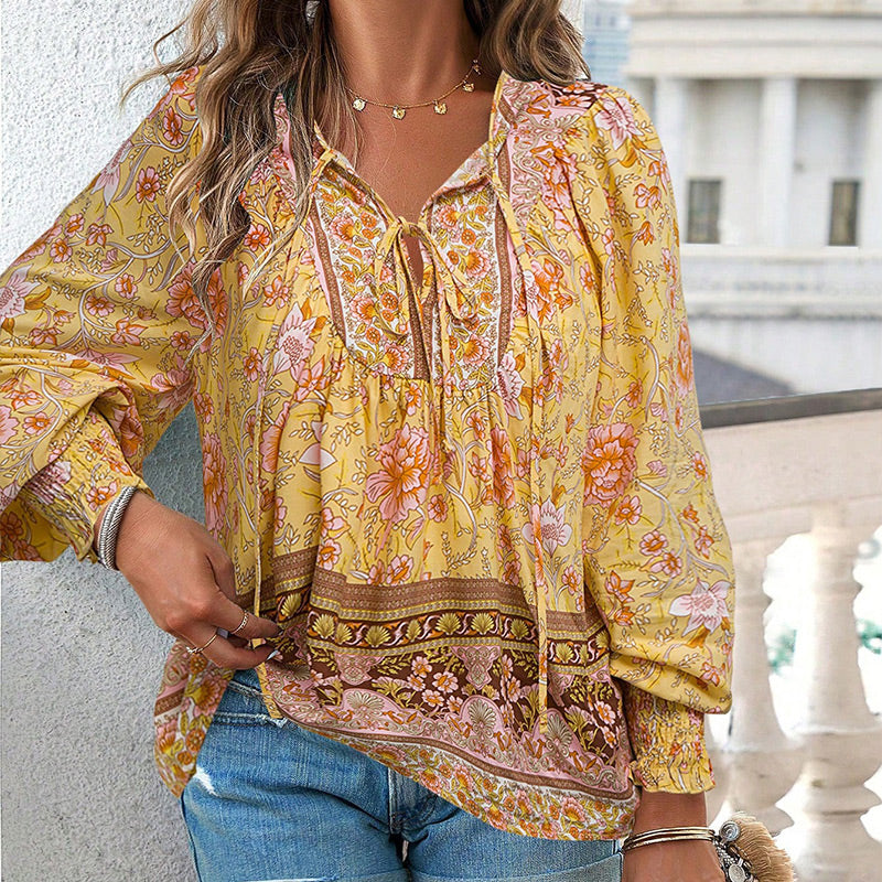 Calira – Chemise en coton à col en V avec lien à nouer