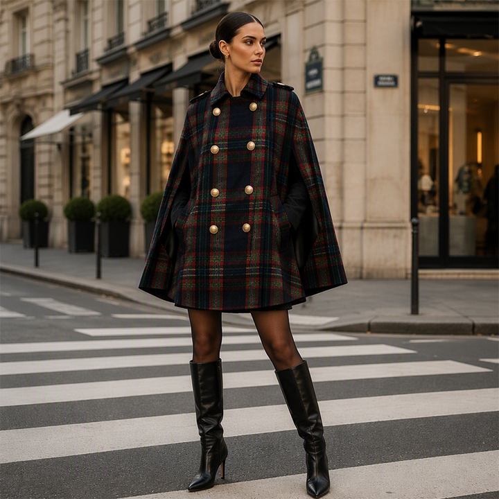 Vesara – Manteau cape à carreaux entrecroisés