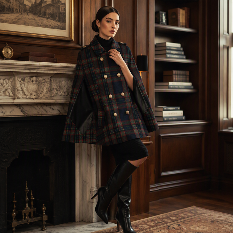Vesara – Manteau cape à carreaux entrecroisés