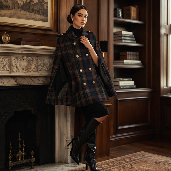 Vesara – Manteau cape à carreaux entrecroisés