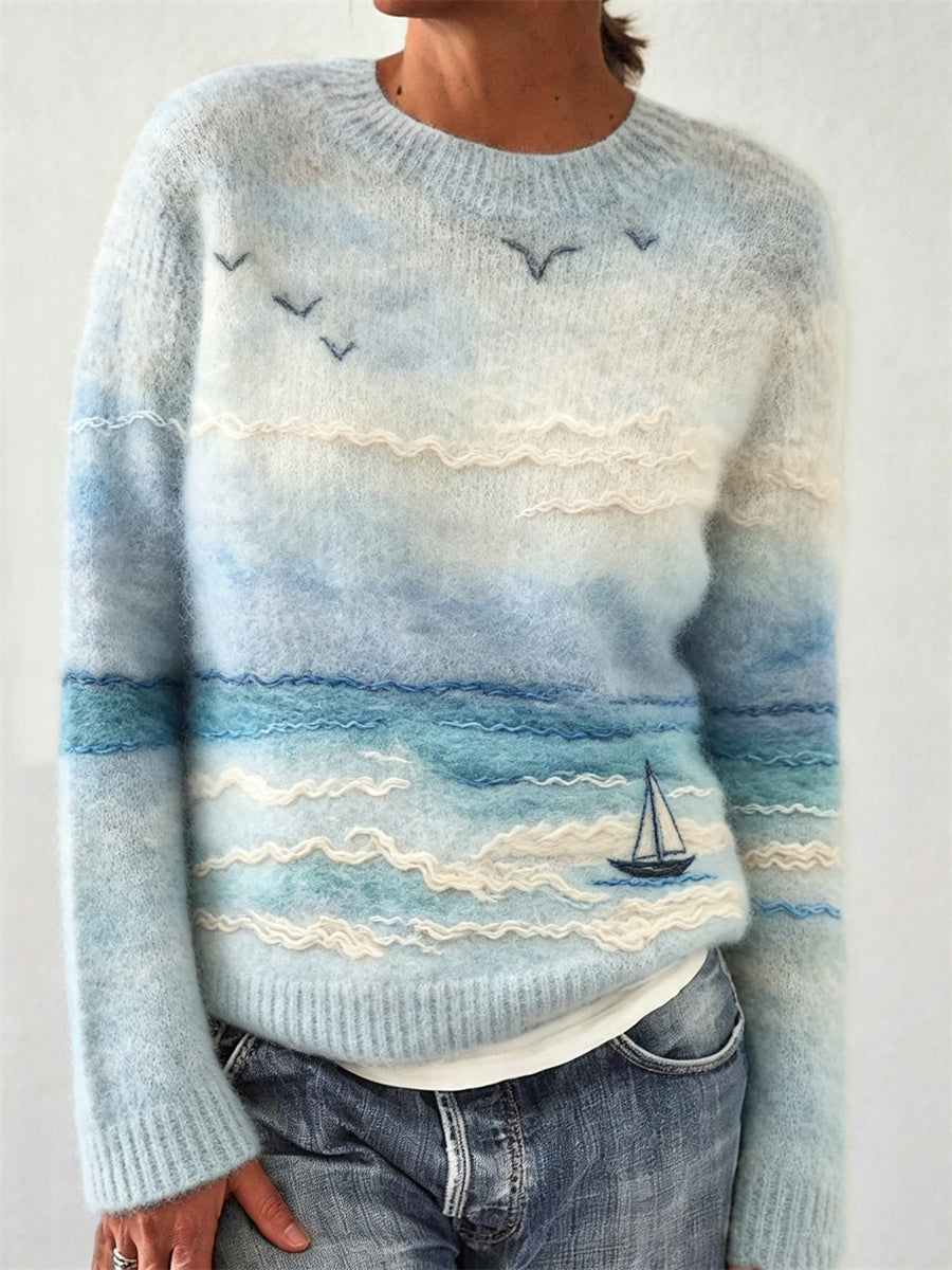 Velara – Imprimé bateau en mer, maille de coton, pull