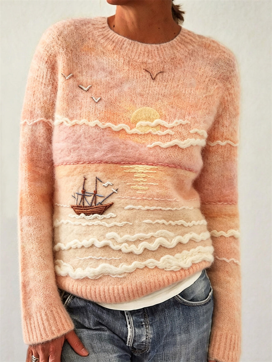 Mevara – À motif paysage marin en maille de coton, pull