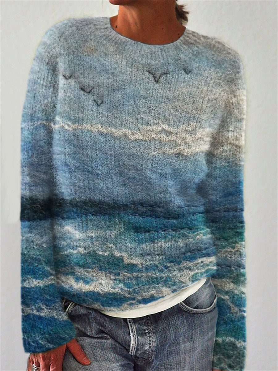 Mireva - Imprimé paysage marin, maille en mélange de coton, pull